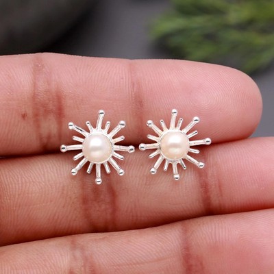 925 Sterling Silver Pearl Sunburst Stud Women Bridal Shower Earrings
