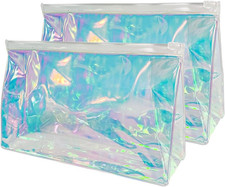 2 PCS Holographic Clear Makeup Pouch 10x6x3 Iridescent Cosmetic Bag Portable Wat