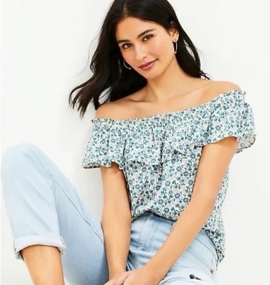 Ann Taylor Loft Womens Linen Top Blue Floral Flutter Square Neck Blouse XS NEW