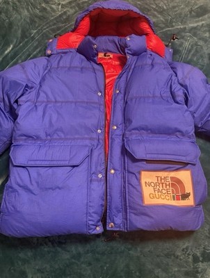 The North Face Gucci Blue Red Mid-Length Hooded Lined Puffer Jacket Men's