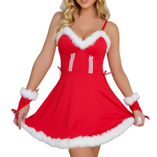 Womens Christmas Santa Claus Cosplay Costume Outfits Xmas Mini Dress with Gloves
