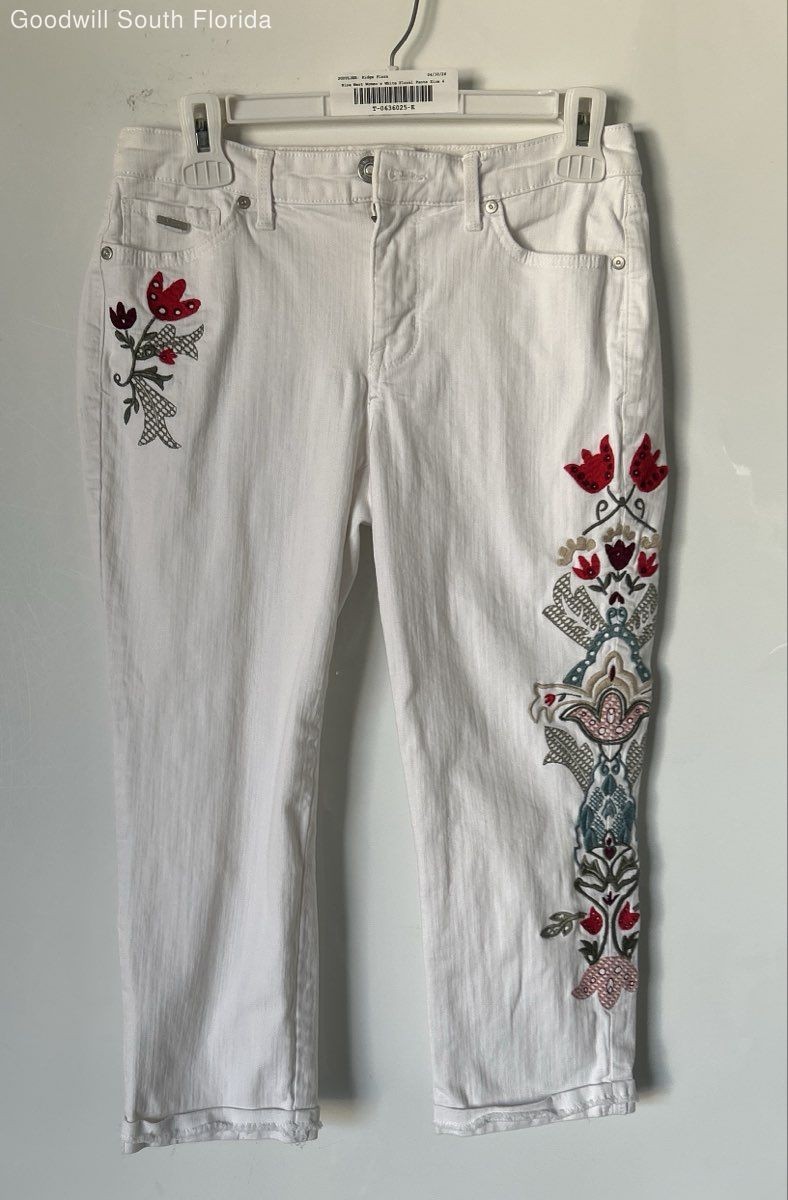 Nine West Womens White Embroidered Floral Print Denim Capri Jeans Pants Size 4