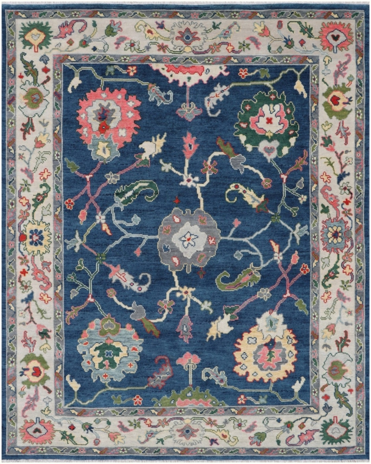 New Hand-Knotted Oushak Wool Rug Blue Pink Floral Transitional Area Rug - 8x10
