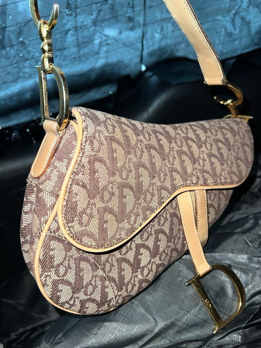 Dior Saddle Shoulder Bag Brown Beige Logo Print Gold Hardware
