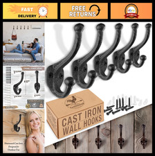 Rustic Cast Iron Wall Hooks 5 Pack - Vintage Farmhouse Coat, Bag, Hat Hangers