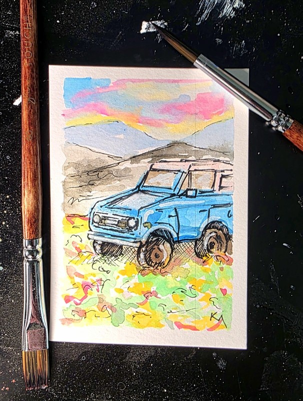 ACEO Original of a Bronco With Landscape Watercolor 2.5x3.5