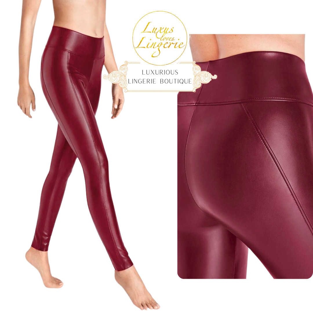 Edie Shaping Leggings By Wolford 36 Chianti Purple Red Vegan Imitation Leather