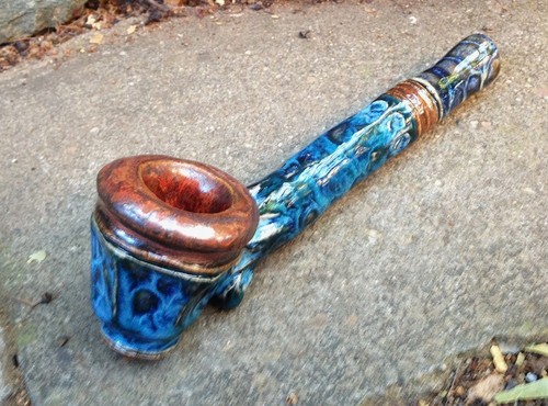 Sculpted Ceramic Pipe With Layered Frozen Pond Glazes - Handmade Studio Pottery - Picture 2 of 10