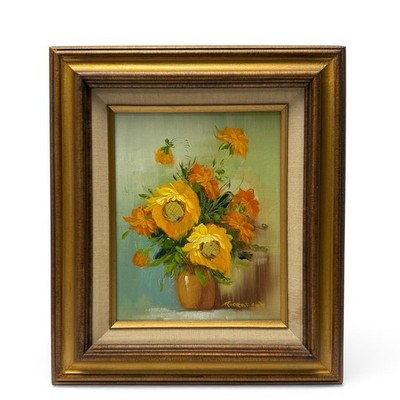 Vintage Original Signed Still Life Orange Flowers in Pitcher Painting Framed