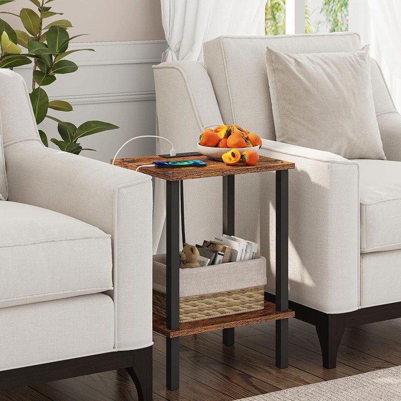 End Table W/ Charging Station USB Ports AC Outlets 2-Tier Storage Nightstand
