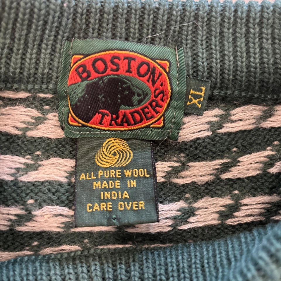 Suéter Vintage Boston Traders Para Hombre XL 100% Lana Crew Abuelo Verde Marfil Foto 4 de 4