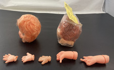 VTG 2 Plastic Doll Heads Short Blonde Hair Red Bows Open Blue Eyes 5 Hands Korea