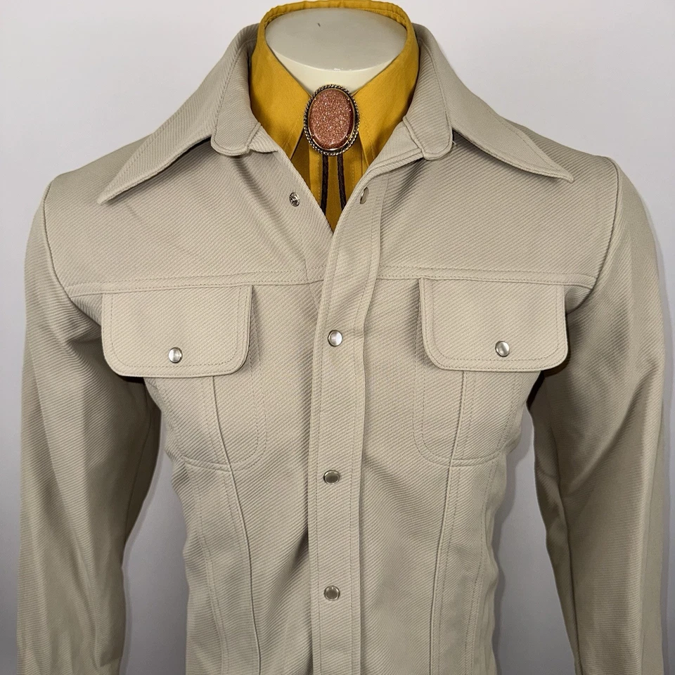 Vtg 60s 70s Leisure Suit Jacket Sears Pearl Snap Coat Rockabilly Tan Mens Medium - Image 3 of 4