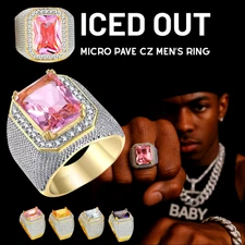 Men's Big Iced Out Hip Hop Ring Micro Pave Colorful Gemstone Statement Jewelry