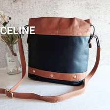 Old Celine Bucket Drawstring Bag Calf leather Dark Navy Brown Vintage Used 41511