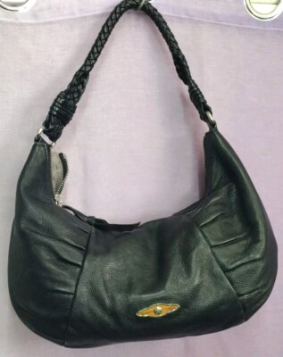 Elliot Lucca Black Pebbled Leather Hobo Shoulder Bag Woven Strap             OC6