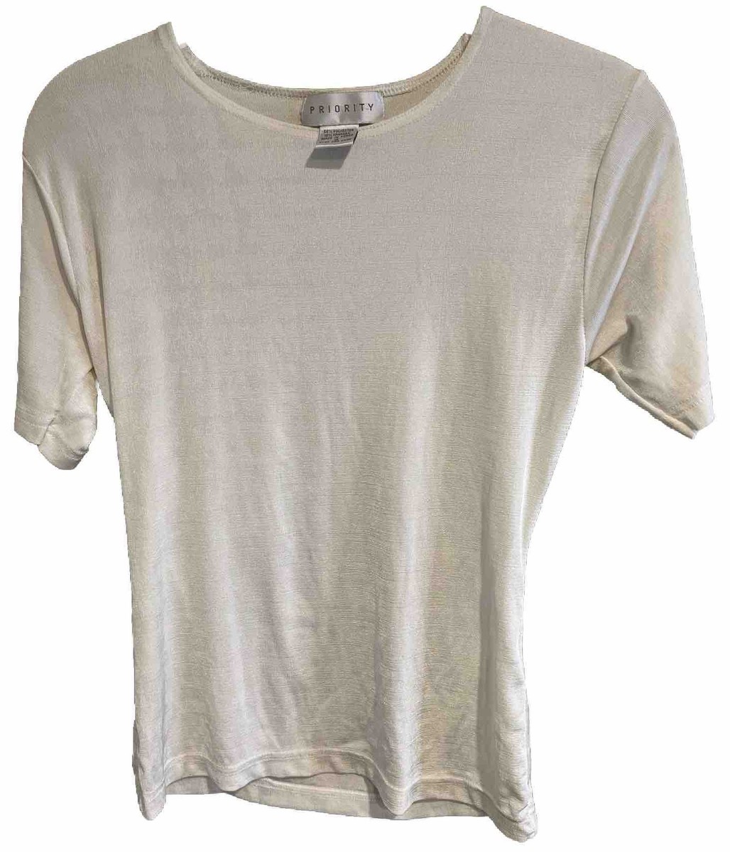 Priority Womens Short Sleeve Ivory Shirt Made in Korea Size Small