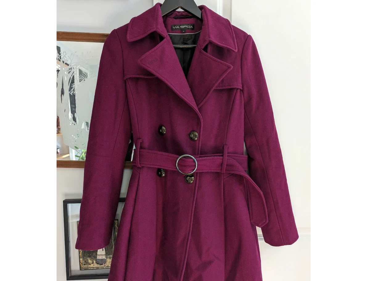 Manteau Ceinturé Via Spiga - Noir Et Violet, Taille 6, Laine Mélangée, Col Officier, Neuf Avec étiquettes