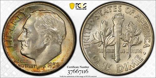 MS67+ 1958-D 10C Roosevelt Silver Dime, PCGS 67 PLUS Gold Shield - Rainbow Toned