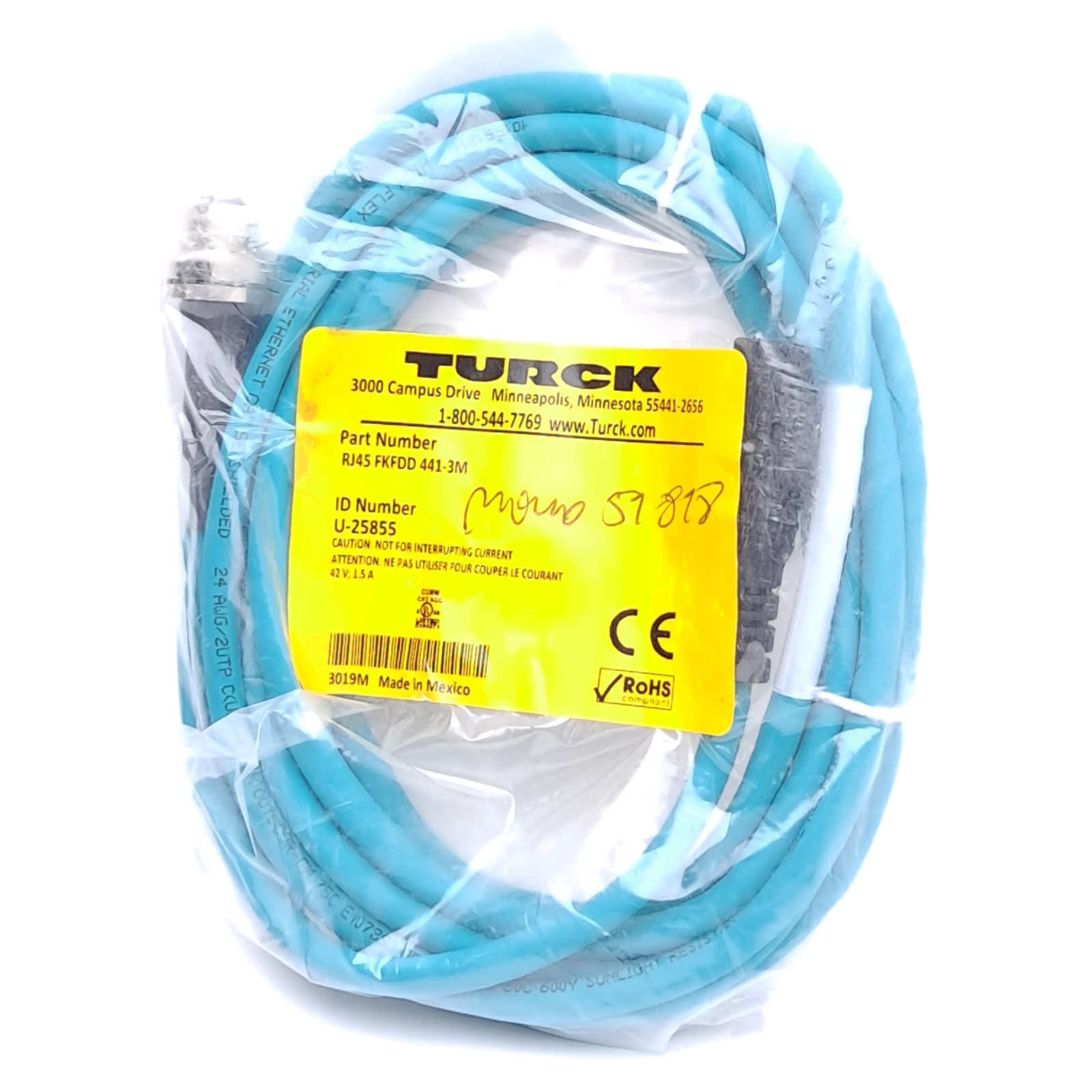 Turck RJ45 FKFDD 441-3M U-25855 Ethernet Cordset, RJ45 Male to M12 4-Pin Female