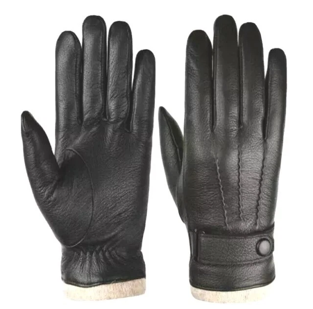 Women winter leather Gloves soft fur lining wool cashmere blend knitted cuff