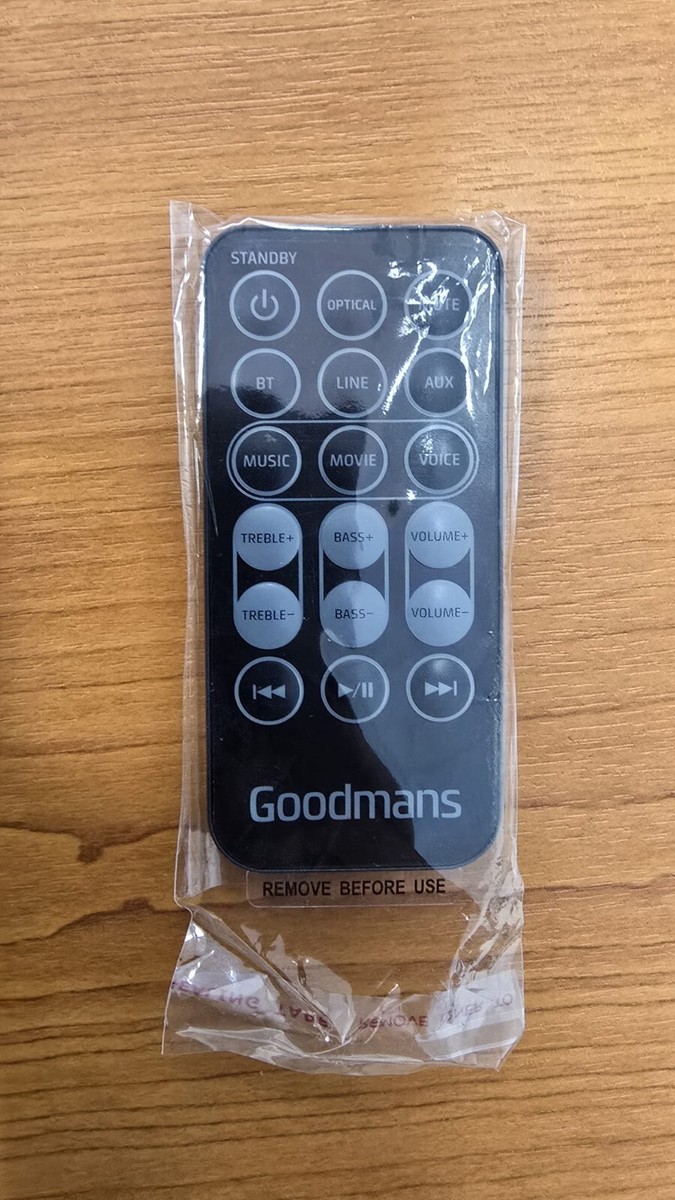 Telecomando Originale Goodmans Per Soundbar GDSB04BT60 E Home Theater – Nuovo, Nero