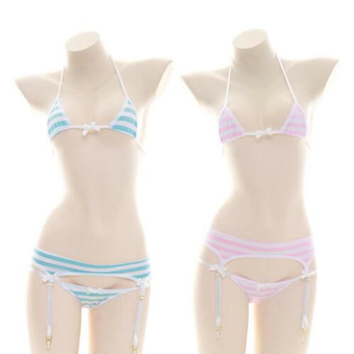 Blue Pink Striped Anime Style Cute Women's Bikini Set Bra Panties Garter  3pc Set | eBay