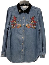 VTG Bobbie Brooks Women Denim Embroidered Cardinal Christmas Long Sleeve Shirt M