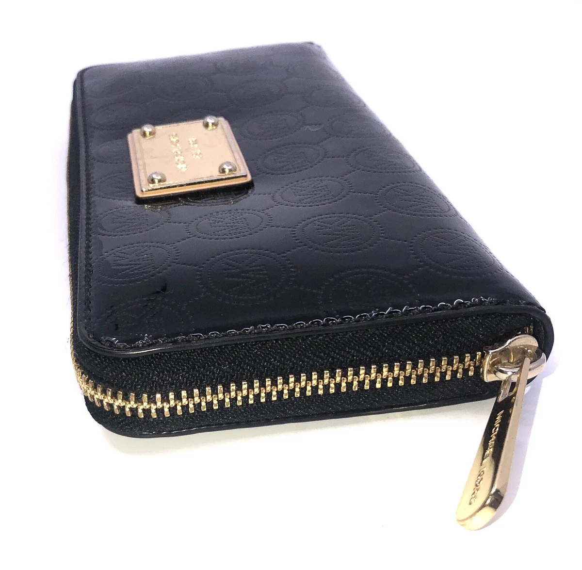 Michael Kors Black Patent Leather MK Embossed Zip Around Wallet