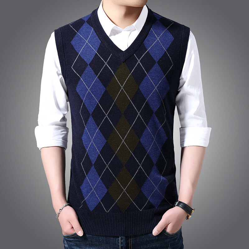 Men Slim Knitted Sweater Vest Pullover V-Neck Sleeveless Fit Argyle Knitwear Top