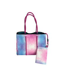 Neoprene Fashion Stripe Tote w/matching Pouch-Pink and Blue Beach Tote-NEW