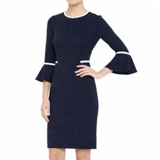 Calvin Klein Navy Blue 3/4 Bell Sleeve White Piping Trim Sheath Dress Size 4