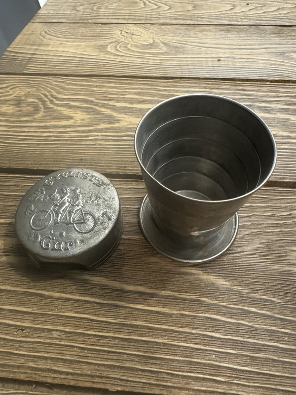 1897 Pat’d Cyclists Cup Collapsible Telescoping Metal Bicycle Travel Cup USA