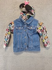 Disney Minnie Mouse Hooded Jacket Girls 3 Multicolor Denim Stretch Button Front