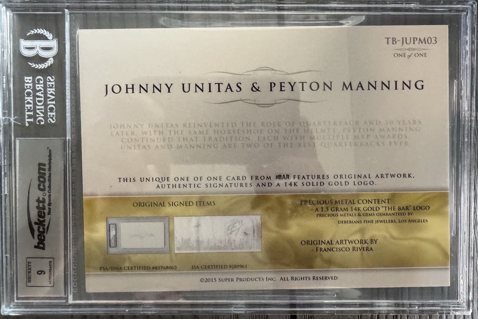 2015 The Bar Cut Autographs Unitas Manning Lineage Cut Dual Auto 1/1 BGS 9 view 3