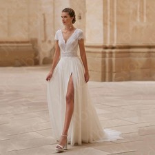 Charming Lace Wedding Dresses Beach Boho Slit Bride Short Sleeve Bridal Gowns