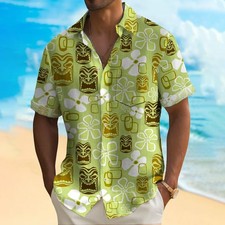 Mens Vintage Green Tiki Art Short Sleeve Shirts 2408002075