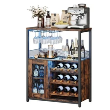 Wine Bar Cabinet Liquor Storage w/ Glass Holder, Adjustable Shelves ＆ LED Lights