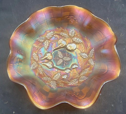 BEAUTIFUL VINTAGE CARNIVAL NORTHWOOD HOREHOUND THREE FRUITS DOME FOOTED BOWL