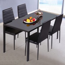 Black Glass Dining Table Chair Set 4 Faux Leather High Back Ribbed Dining Chairs