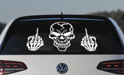 Skull Mittelfinger Aufkleber RIESEN WUNSCHFARBE Totenkopf Auto Sticker Schädel  - Bild 1 von 3