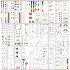 60 Pcs Rainbow Doodles Temporary Tattoos Vibrant Designs Hearts Dots Geometrics