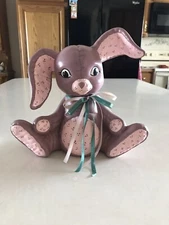 Vtg Kimble Mold Ceramic Bunny Rabbit Figurine Hand Painted Quilted Pattern 8.5”T
