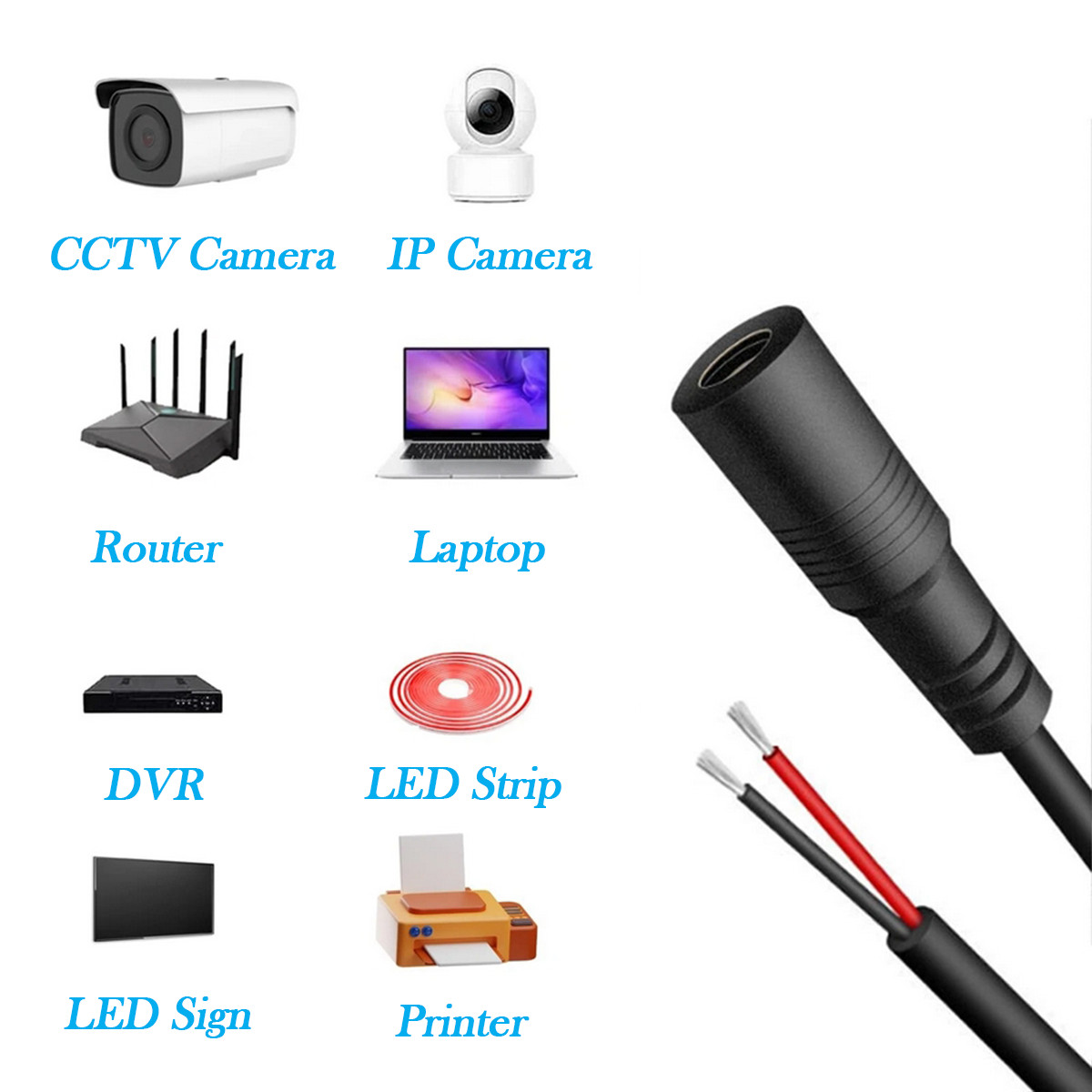 60pcs 0.3M/1FT Female Power Pigtail DC 5.5mm x 2.5mm 7A 18AWG 2-Pin Bare Wire