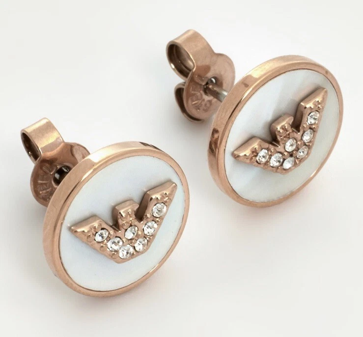 Armani Earrings Rose Gold White Emerald Embellished w/ Logo Rhinestone. RRP £89 — 第 4/4 张图片