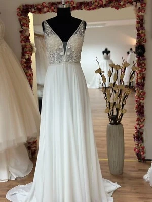 HBH Brautmode I Brautkleid Vintage mit 3D Spitze Brautchiffon A-Linie Ivory - Bild 1 von 4