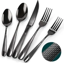 Silverware Set, 30 Pieces Black Hammered Flatware Set for 6, Mirror Polished 