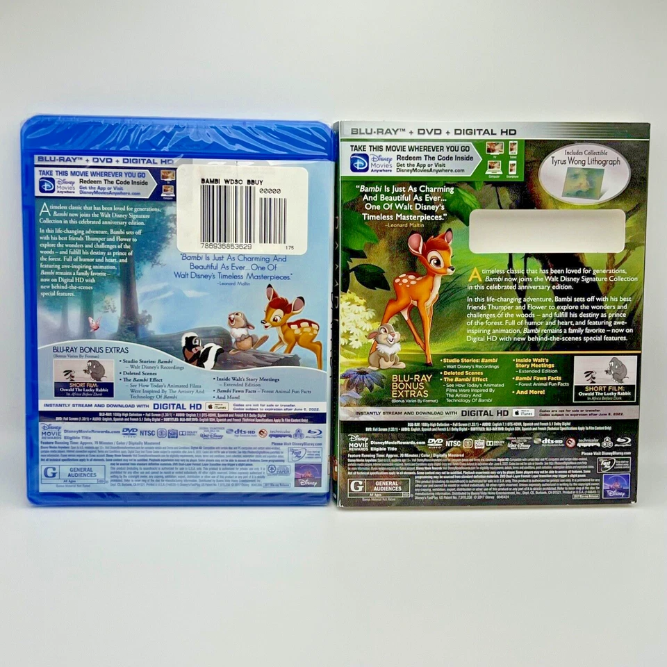 DISNEY BAMBI BLU-RAY + DVD + DIGITAL HD W/ LENTICULAR SLIPCOVER BRAND NEW SEALED - Image 3 of 3