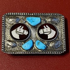 Native American Vintage Zuni Mike Simplicio Sterling Turquoise Horse Belt Buckle