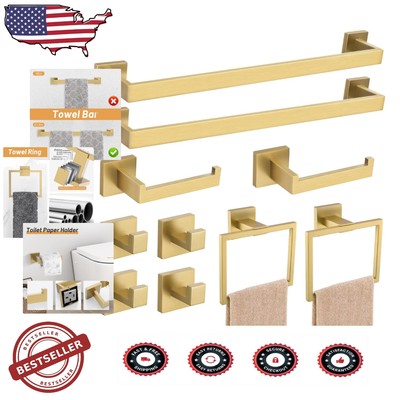 Modern Stainless Steel Towel Bar Set - 10-Piece Brushed Gold Bathroom Essentials